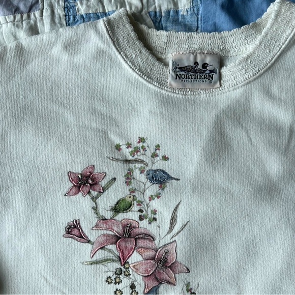 90s Northern Reflections Floral Lily Nature Bird Print Cream Knit Trim Sweater - Picture 3 of 8